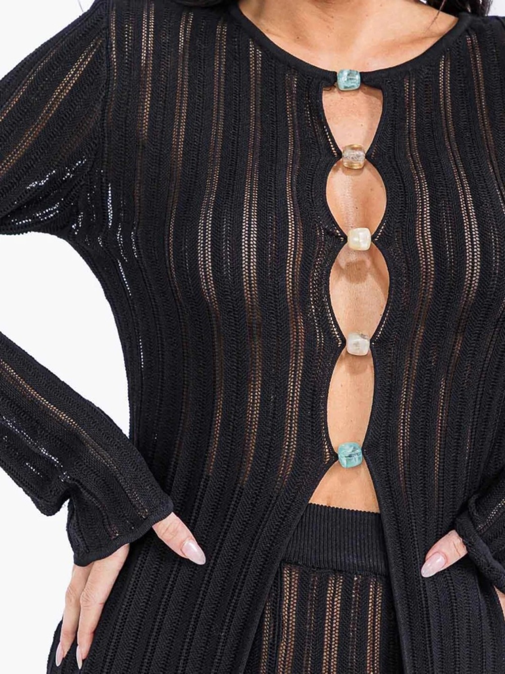 Sheer Ribbed Two-Piece Lounge Set - Black - Picture 3 of 7